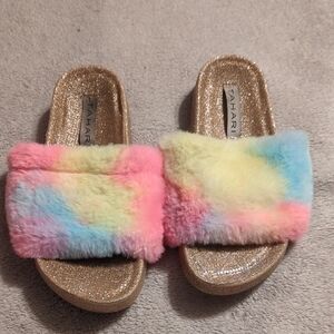 Tahari Multicolor Pastel Faux Fur Glitter Slide Sandals